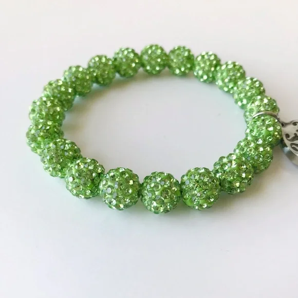 Rustic Cuff Emerson Lime Green Crystal Silver Bead Stretch Bracelet